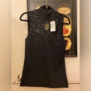 Cable & Gauge black dressy top with mesh and sequin neckline. Keyhole back. NWT